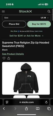 Supreme True Religion Zip Up Hooded Sweatshirt Size M BRAND NEW