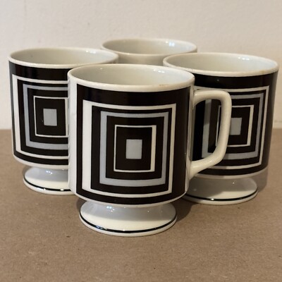 Fred Roberts Optic Art Geometric Coffee Mugs Cups Lot Of 4 MCM Footed Retro B&W