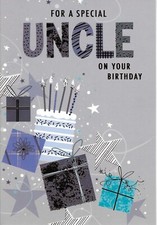 SPECIAL UNCLE BIRTHDAY GREETING CARD 7"X5" CAKE AND PRESENTS