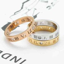 Zircon Inlaid Roman Numeral Stainless Steel Fashion Couple Rings Size 6-10