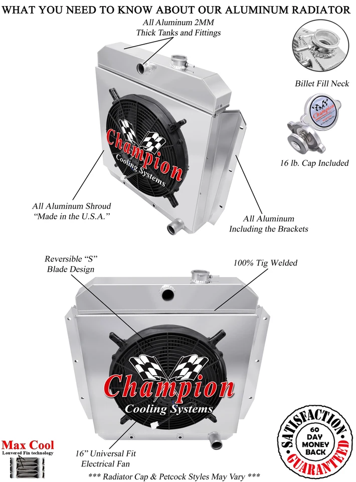 RS Champion 4 Row Radiator W/ 16" Fan and Shroud for 1955 - 1959 Chevrolet Truck - Image 3 of 4