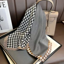 100% Silk 26'' Scarf Women Kerchief Head Neck Hair Wrap Black Houndstooth Brown