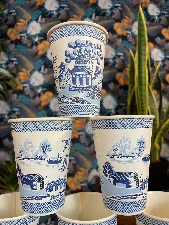 10 x Tazas de Papel Enceradas LILY De Colección Azul y Blanco Oriental PATRÓN SAUCE Fiesta Foto 3 de 4