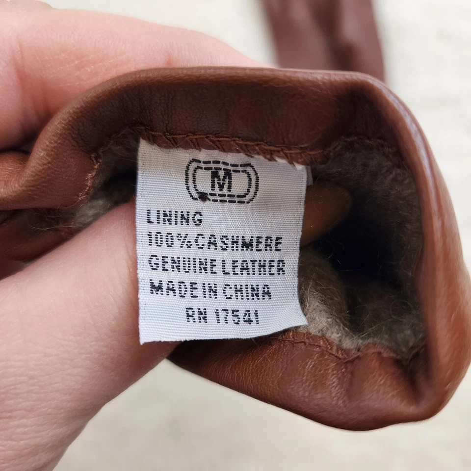 复古皮革手套 M 100% 羊绒衬里巧克力棕色旧钱 — 第 4/4 张图片