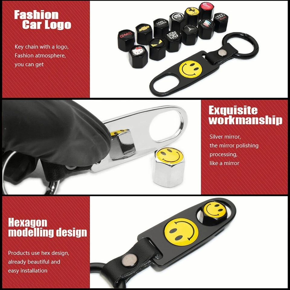 Car Wheels Tire Valve Dust Stem Air Cap Cover + Keychain Fit Chevrolet Sport - Image 3 of 4