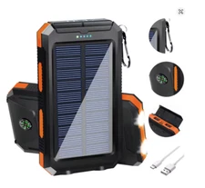 20000mAh Solar Power Bank Waterproof Charger Dual USB Ports with LED Light