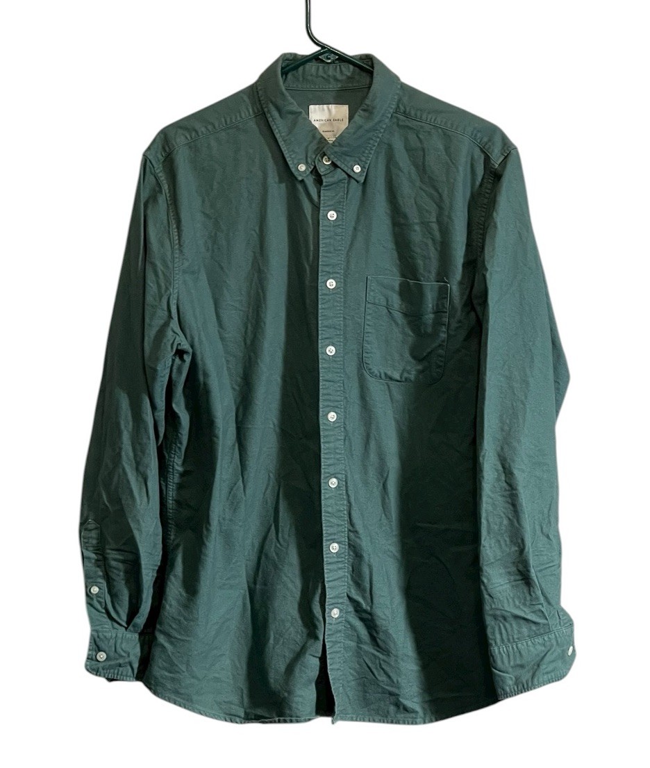 American Eagle Shirt Mens Large Tall LT Solid Green Soft Flannel Button Down