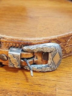 Vintage WESTERN Sterling Silver 10K Belt Buckle Tooled Leather Belt Set
