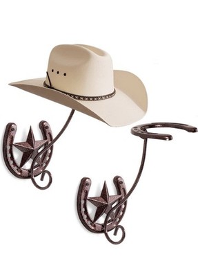 Rustic Cowboy Hat Rack for Wall Metal Horseshoe Hat Holder with Texas Star- 2set