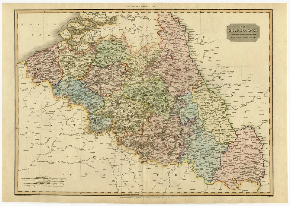 Mapa antiguo-Países Bajos-Banca izquierda del Rin-Bélgica-Neele-Pinkerton-1811 Foto 2 de 4