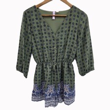 Womens XS Green Paisley Boho Romper 3/4 Sleeve Drawstring Waist Festival Style