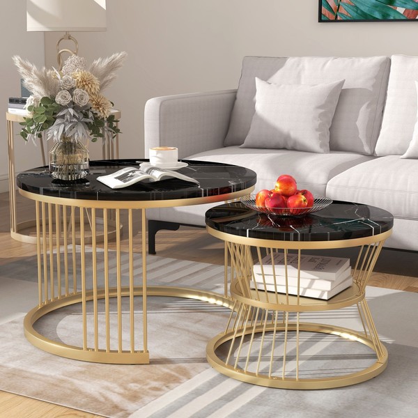 2Er - Couchtische Beistelltisch Wohnzimmer Rund Marmor Optik Satztisch Schwarz.-image