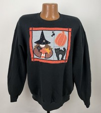 Vintage Halloween Sweatshirt Unisex XL Witch Appliqu  Cat Pumpkin 90s Jerzees