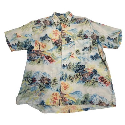 Large Vintage 50s Penneys Hawaiian Shirt Pagoda Volcano Japan Print Rayon Aloha