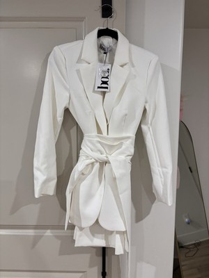 DIXI White Belted Collared Jacket Dress, Long Sleeve, Solid Polyester