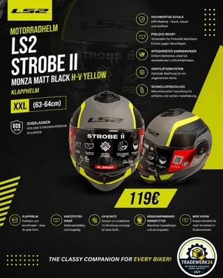 Motorradhelm LS2 Strobe II Monza Klapphelm Matt Black H-V Yellow XXL ECE 22.06
