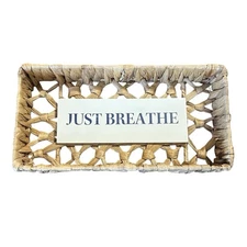 Natural Wicker Woven Wall Art “Just Breathe” Sign Decor Coastal Nautical 6”x12”