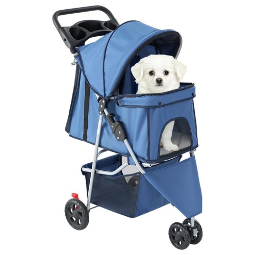 DUMOS Pet Stroller Blue Lightweight Foldable 3 Wheels for Small Dogs & Cats