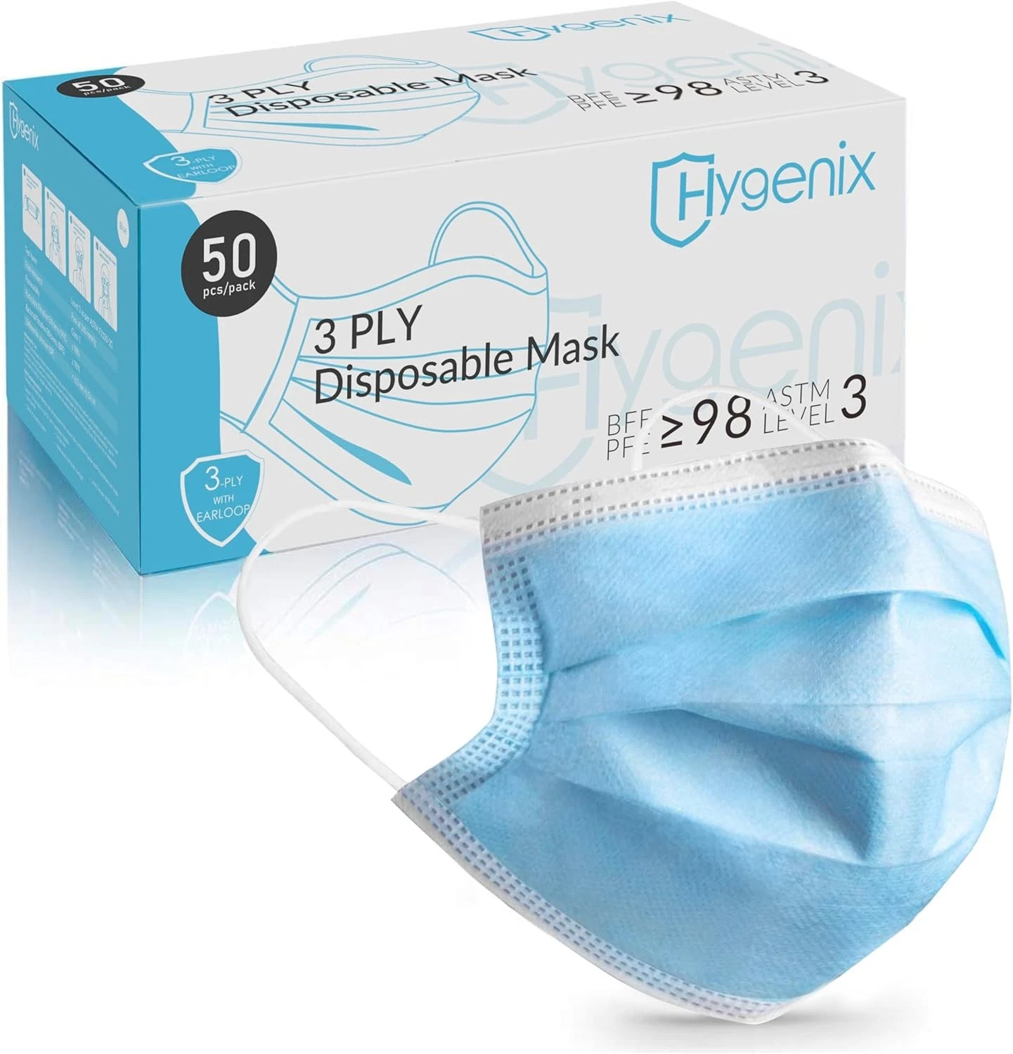 FDA Level 3 Procedure Face Masks ≥98% Filtration Fluid 3-Ply Ear Loop, 50 Pack