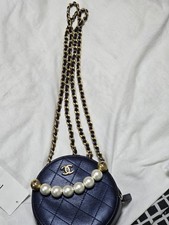 Chanel Navy Quilted Calfskin Chic Pearl Round Clutch with Chain Mini