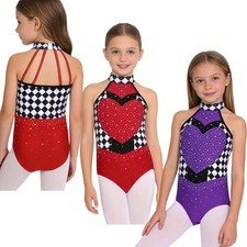 Girls Latin Sequins Dance Leotard Bodysuit Sparkly Rumba Salsa Tango Dancewear