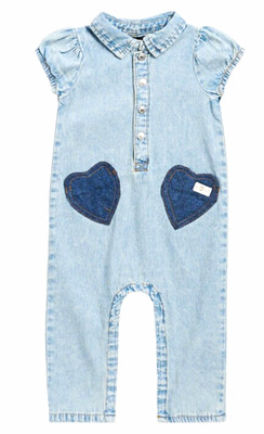 NWT 7 For All Mankind Blue Denim Romper Collared Short Sleeve Button Heart 3-6M