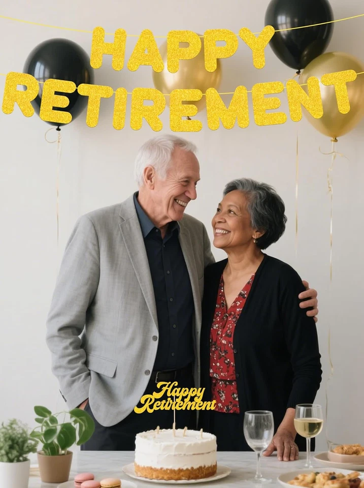 Gold Retirement Party Decorations, Pre Strung Happy Retirement Banner & Cake Top - Image 3 of 4