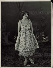 1920 Press Photo Ladies floral print dress with ruffled straps by Cora Moore