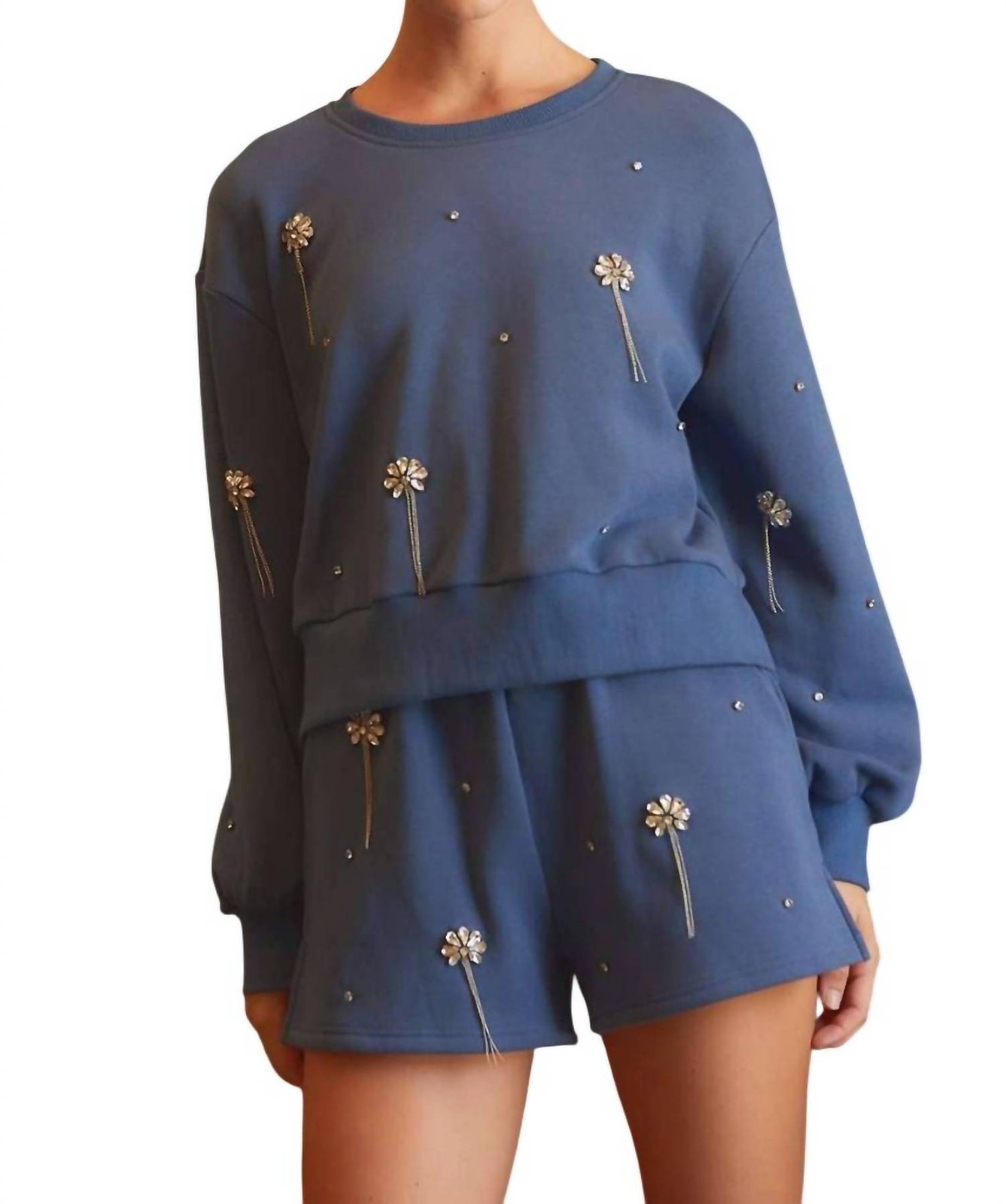 Main Strip Jaydeen Rhinestone Embellished Sweatshirt Top & Short Set Size XS