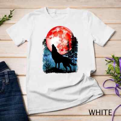 Wolf Howling Red Blood Moon Galaxy Star Night Lunar Eclipse Unisex T-shirt long