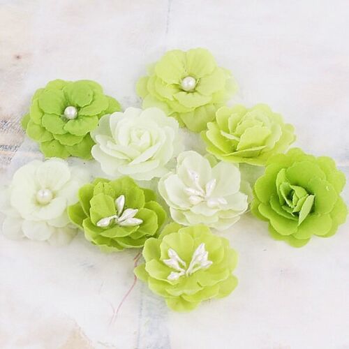 Prima, Lady Godiva's, Fabric Flowers, Beaded Centers, Limeade, Green Flowers  - Picture 1 of 2