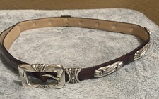 Vintage Enmon Brown Leather Belt Ornate Silver Buckle SZ L Italian Calfskin