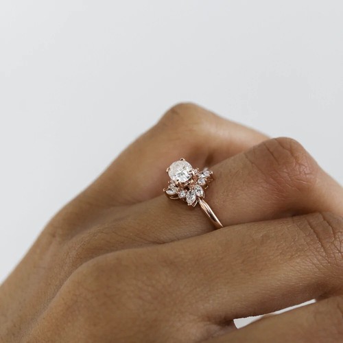 Ausgefallener 2 Karat Ovalschliff Moissanit Cluster Verlobungsring 14K Gelbgold vergoldet - Bild 6 von 16