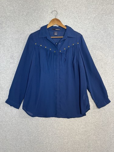 Camicia western denim 24/7 taglia 12W blu royal frange borchie blusa lunga usata in ottime condizioni - Foto 5 di 16