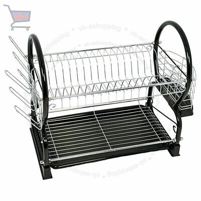 New 2 Tier S-Type Chrome Cutlery Dish Plates Cup Drainer Drip Tray Rack Holder 
