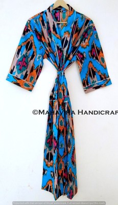 Women Pure Cotton Ikat Print Turquoise Lingerie Night Gown Sleepwear Kimono Robe