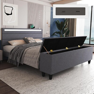 #ad Full Queen Bed Frame with Storage Upholstered Headboard with Charging Station $219.99