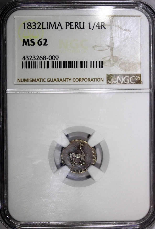 PERU Silver 1832 1/4 Real Lima Mint NGC MS62 1 GRADED HIGHEST RARE KM#143.1(009) - Image 2 of 4