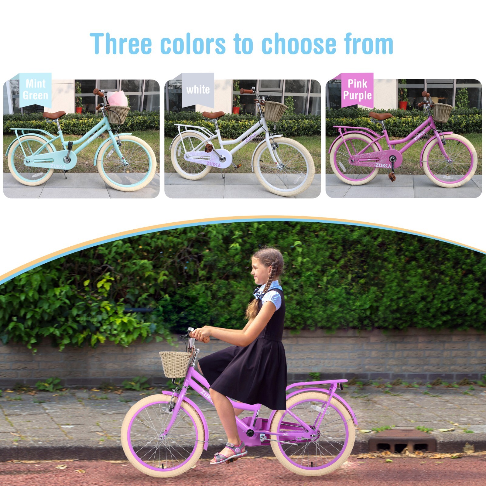 20'' Girls Bicycle, Beach Cruiser Bike with Basket, Outdoor Road Riding - Purple