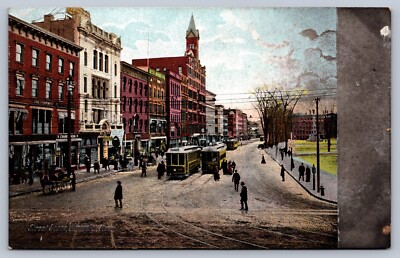 Postcard Worcester MA Street Scene Trolleys