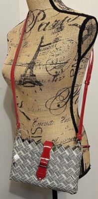 Nahui Ollin Barcode Purse Clutch Black White ,Red Handle , Black Inside