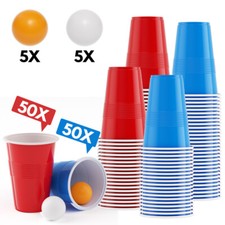 Bierpong Becher Set mit 10 Bällen Partybecher 100er, 50 Rot/Blau