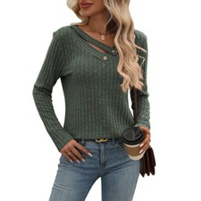 Womens Ribbed Knit Button Detail V-Neck Jumper Pullover Long Sleeve Casual Top