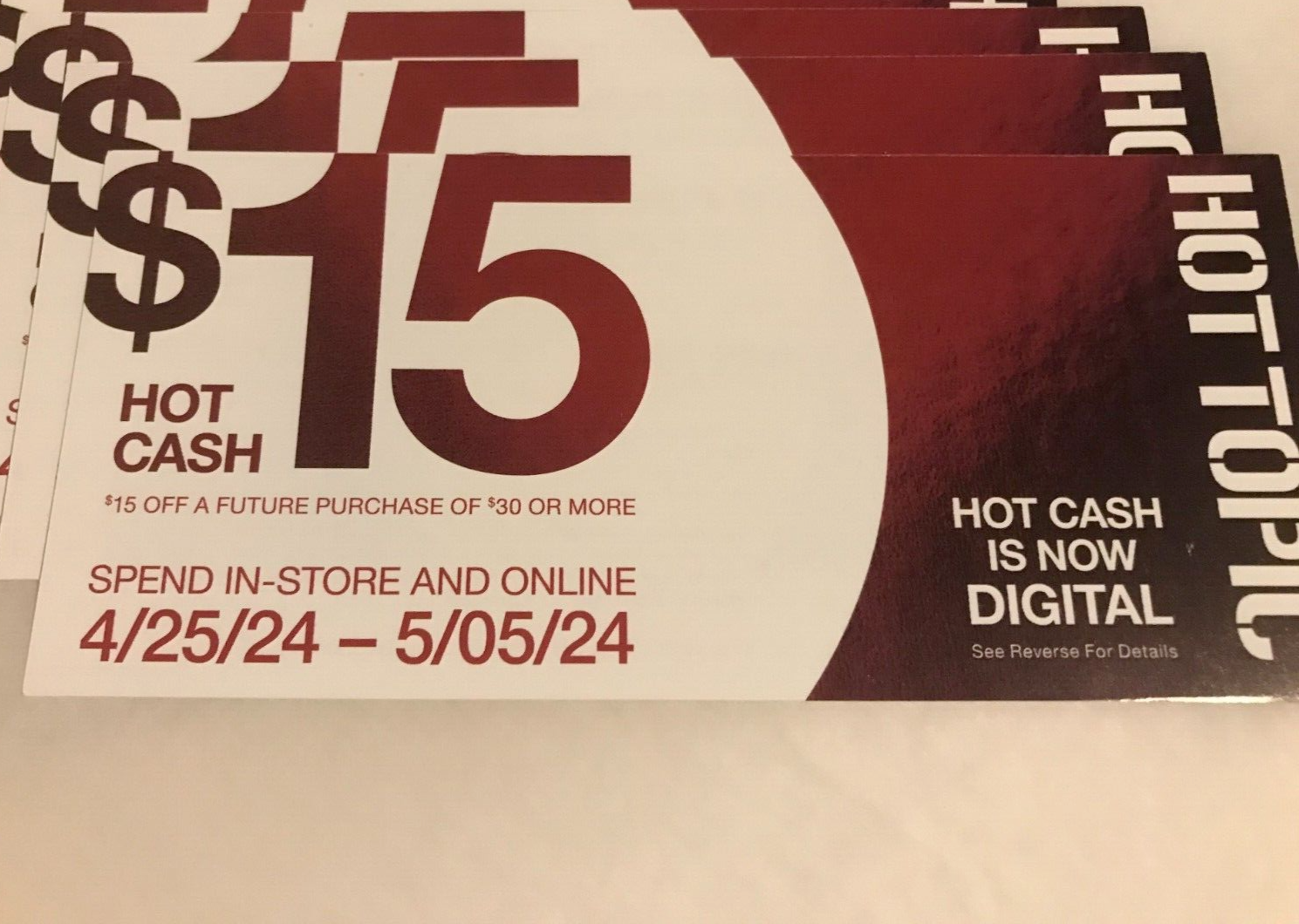 3 Hot Topic Hot Cash 15 off 30 coupons valid from 04/25/24 to 05/05/24 eBay