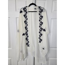 Cream Embroidered Floral Kimono Open Front Boho Wrap Cardigan Cover Up One Size