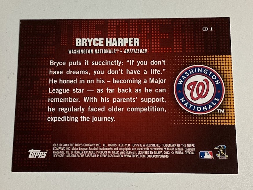 Red Insett 2013 Topps BRYCE HARPER Chasing The Dream Insert Card CD-1 Nationals ...
