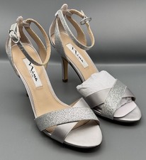 NINA VENUS SILVER DUST SILVER SATIN HIGH-HEEL SANDALS WITH ANKLE-STRAP Size 8