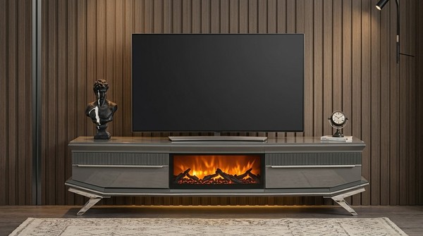 TV Board Stil Modern Schwarz Kamin GeräUmig Praktisch Wohnzimmer Bequem-image