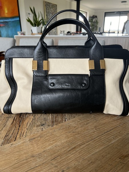 Chloe Alice 2Way Leather Handbag Shoulder Bag Beige Black Gold HDW Authentic