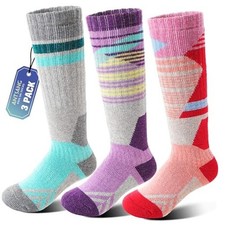 Kids Merino Wool Ski Socks 3 Pairs Boys Girls 8-12 Years Purple/Red/Grey